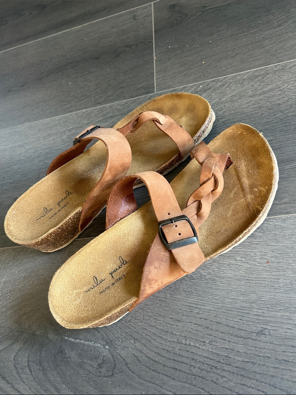 Mila Paoli Italy Leather Braided Toe Wrap Strap Cork Wedge Sandals Tan Size 9